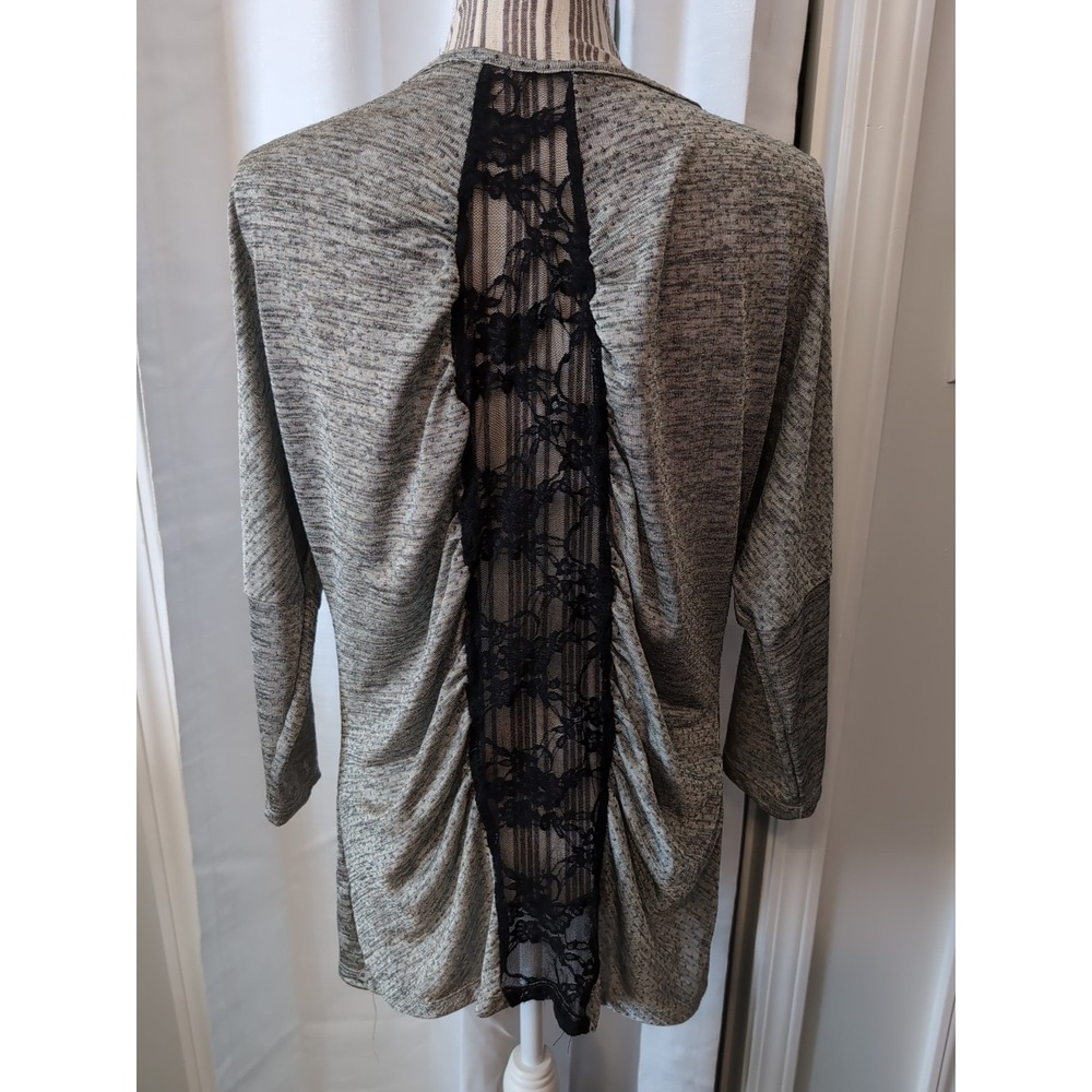BKE Women's Gray Top Black Lace Insert 3/4 Sleeves Large